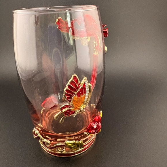Glass Coffee Tea Cup 3D Jeweled Red & Gold Enamel Rose & Butterfly ARC Of France - Picture 2 of 11